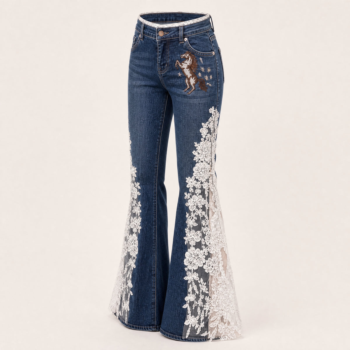 Women's Western Floral Lace Jeans – Vintage-Inspired Statement Denim Pants