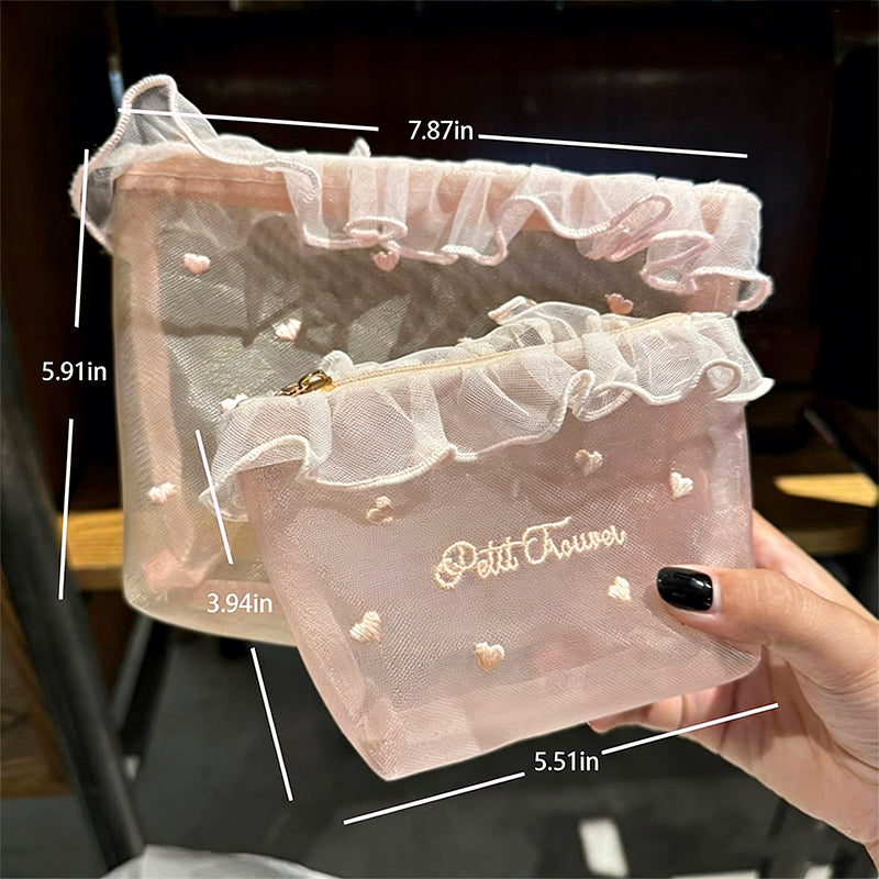 Cute Embroidered Mesh Makeup Bag – Lightweight & Large Capacity