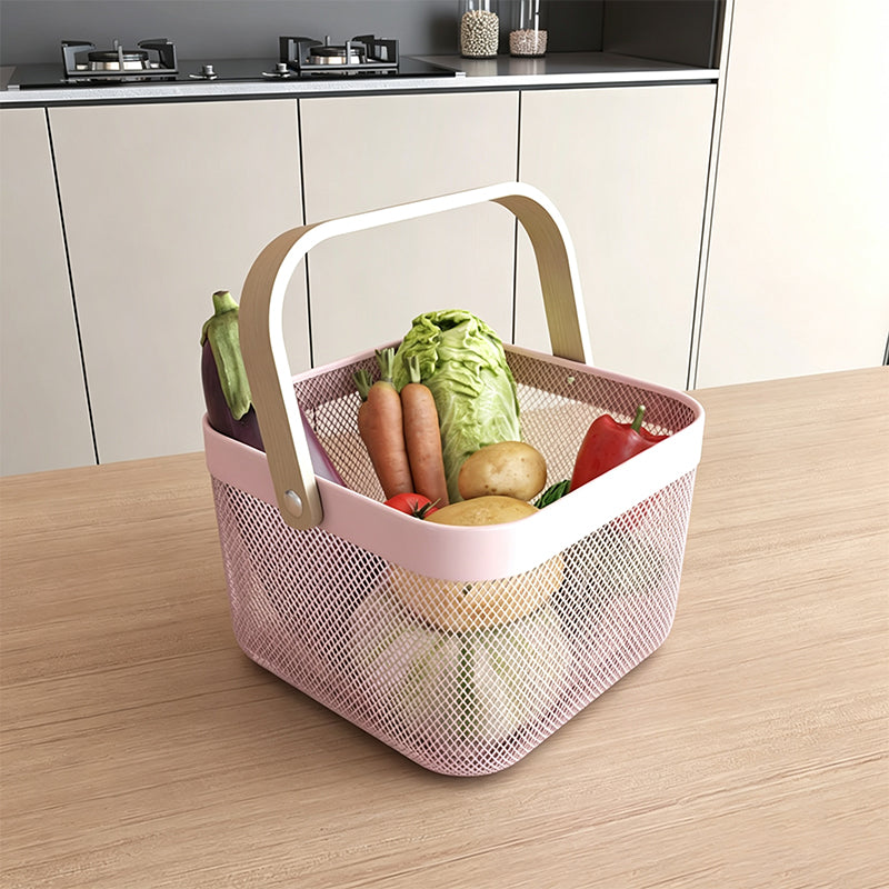 Metal Storage Basket with Wooden Handle