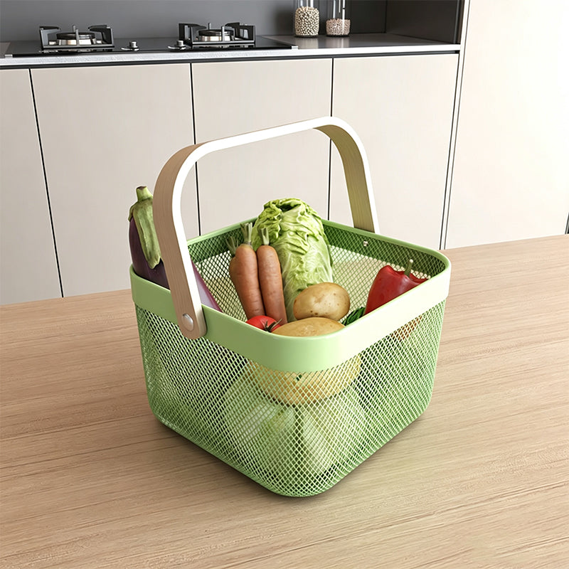Metal Storage Basket with Wooden Handle