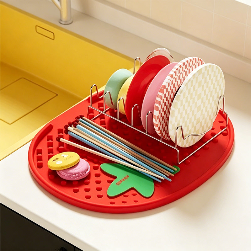 13° Sloped Tomato-Style Silicone Dish Drying Mat–Large Capacity & Leak-Proof Design