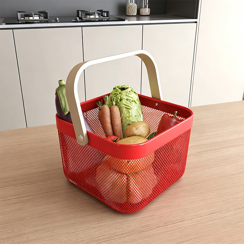 Metal Storage Basket with Wooden Handle