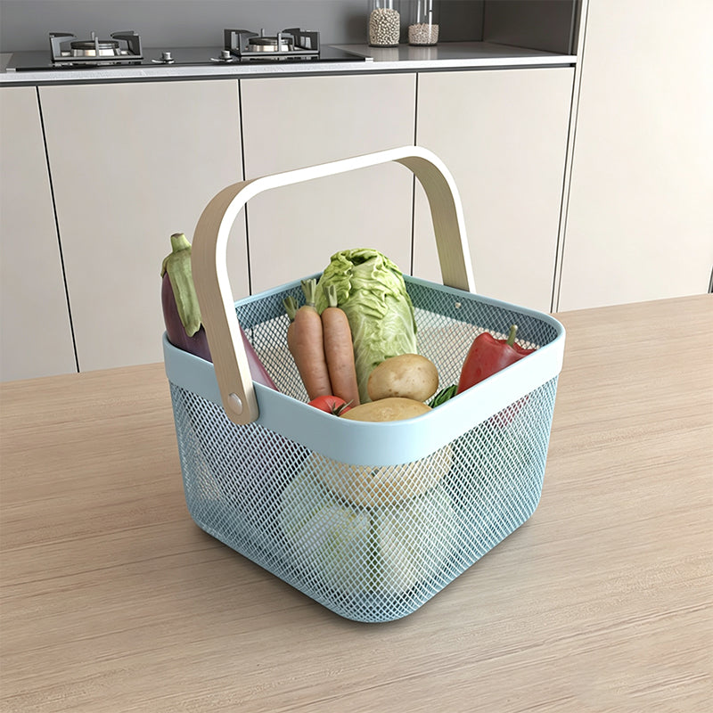 Metal Storage Basket with Wooden Handle