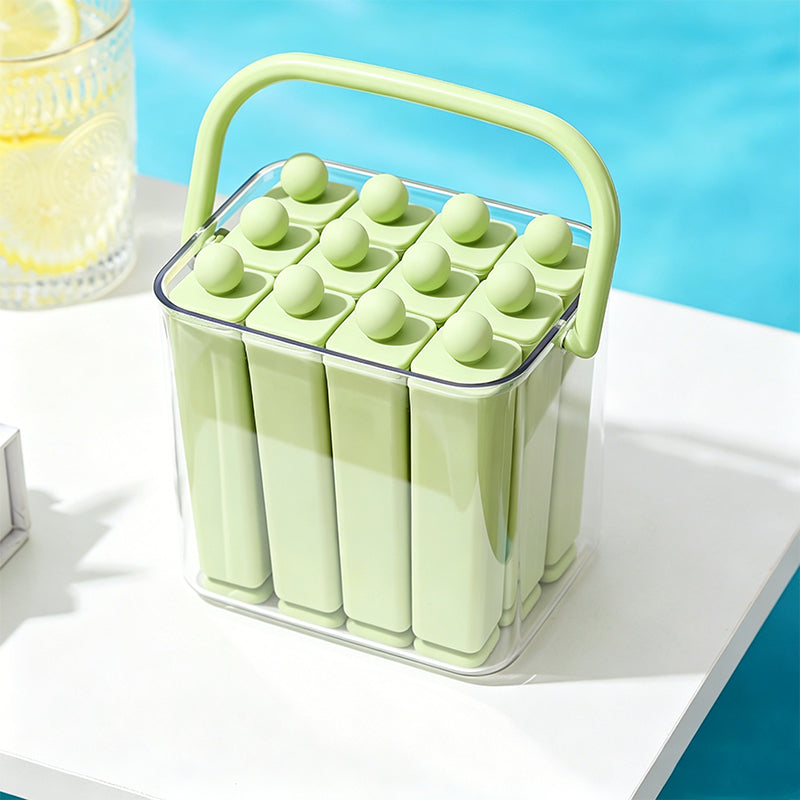 Silicone Ice Stick Tray with Individual Covered Molds & Storage Bucket with Handle