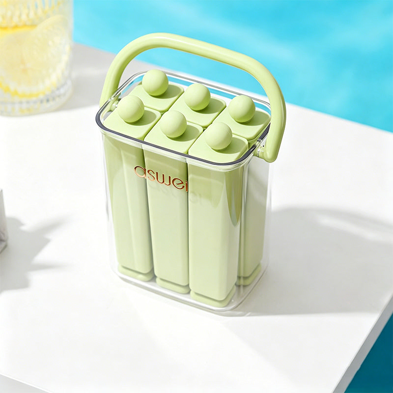 Silicone Ice Stick Tray with Individual Covered Molds & Storage Bucket with Handle